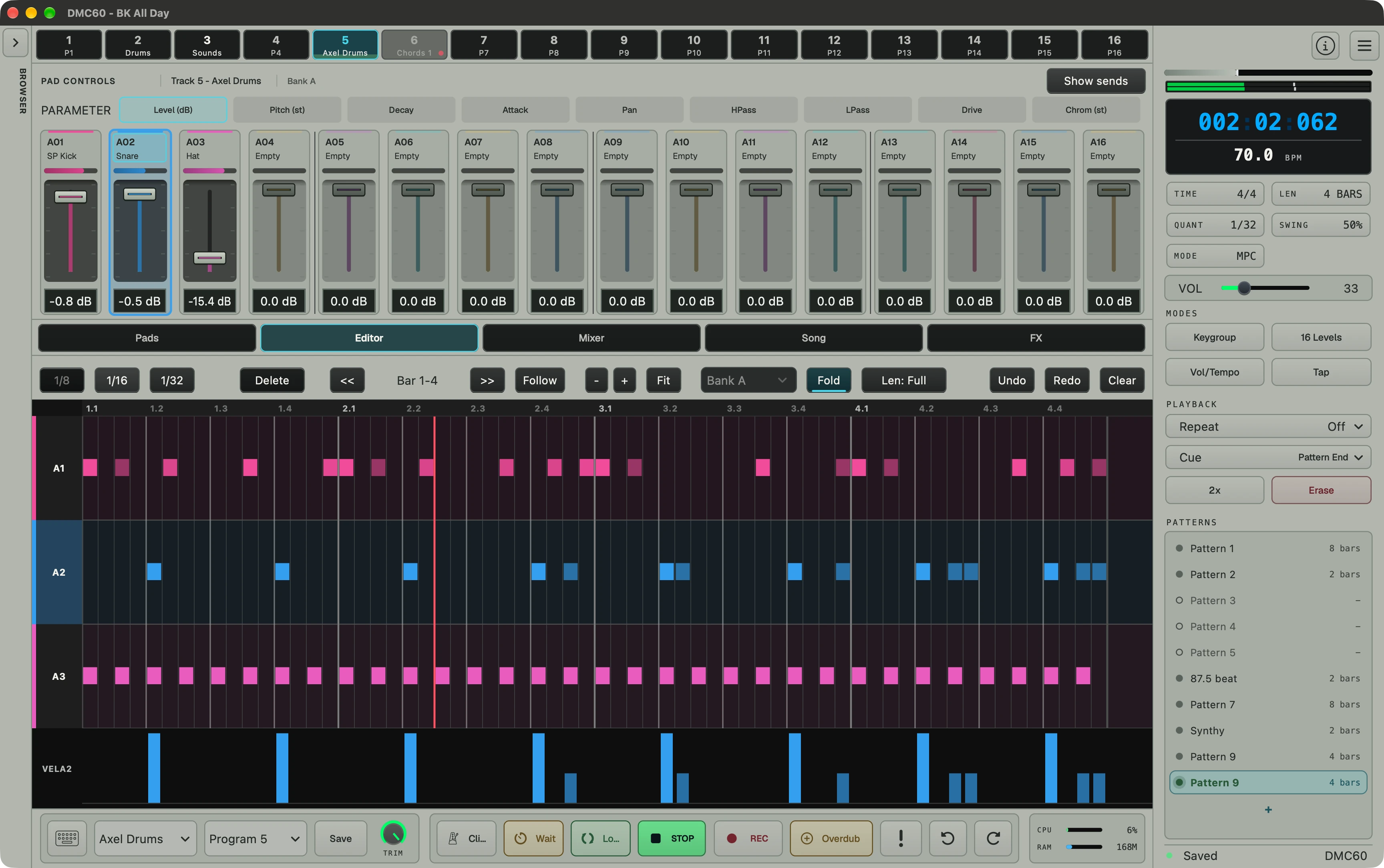 DMC60 sequencer with kick, snare, hi-hat, and velocity lanes