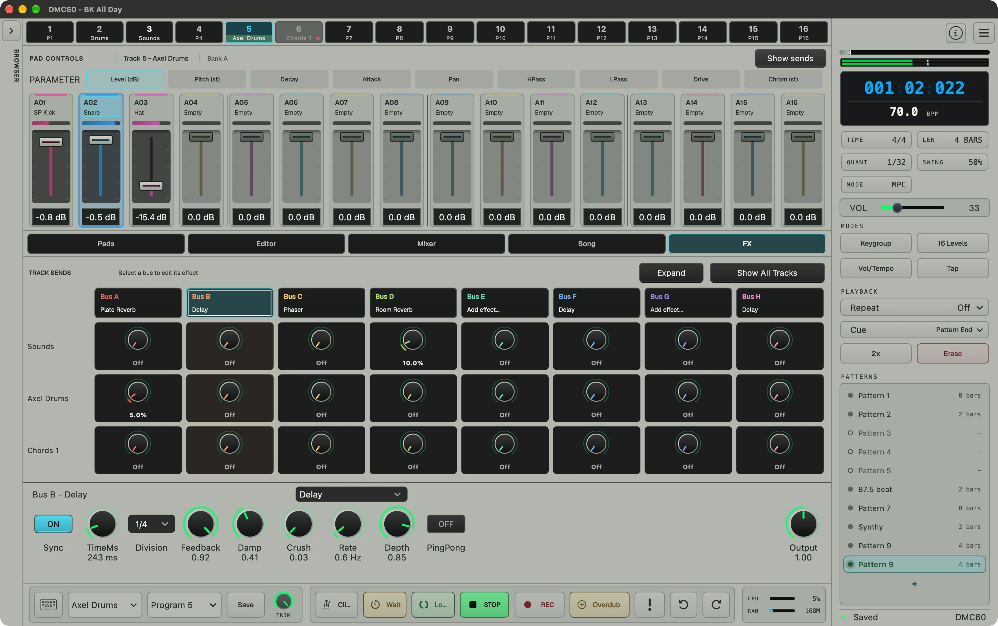 DMC60 FX panel with eight send buses and delay controls