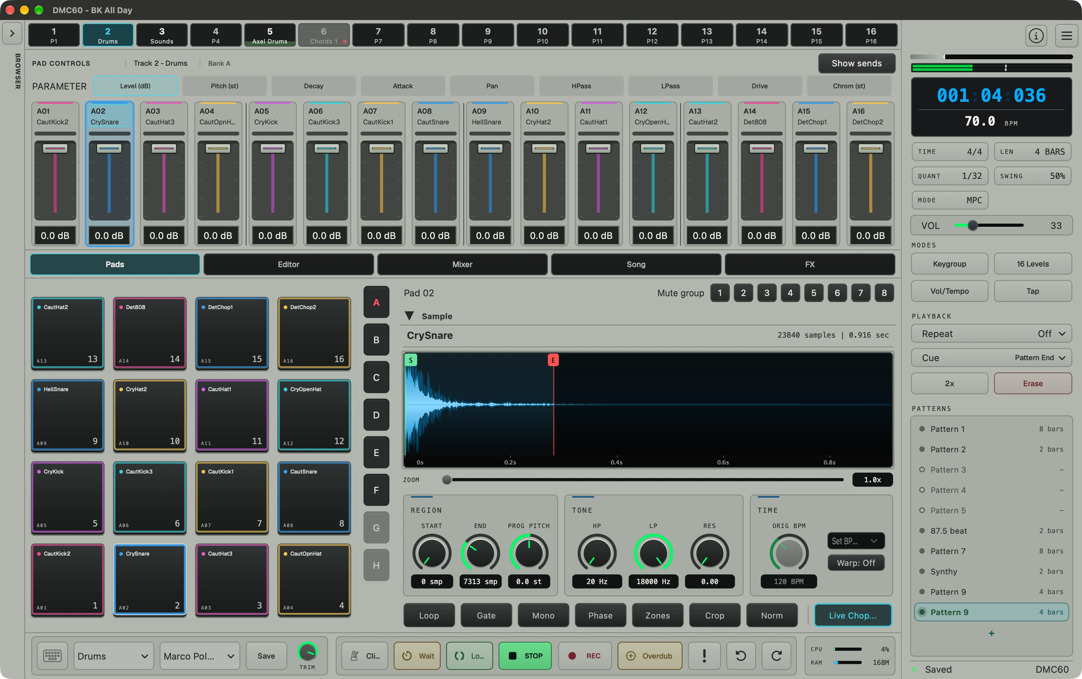 DMC60 drum machine & sampler interface showing 16 pads, pad controls, and sample editor