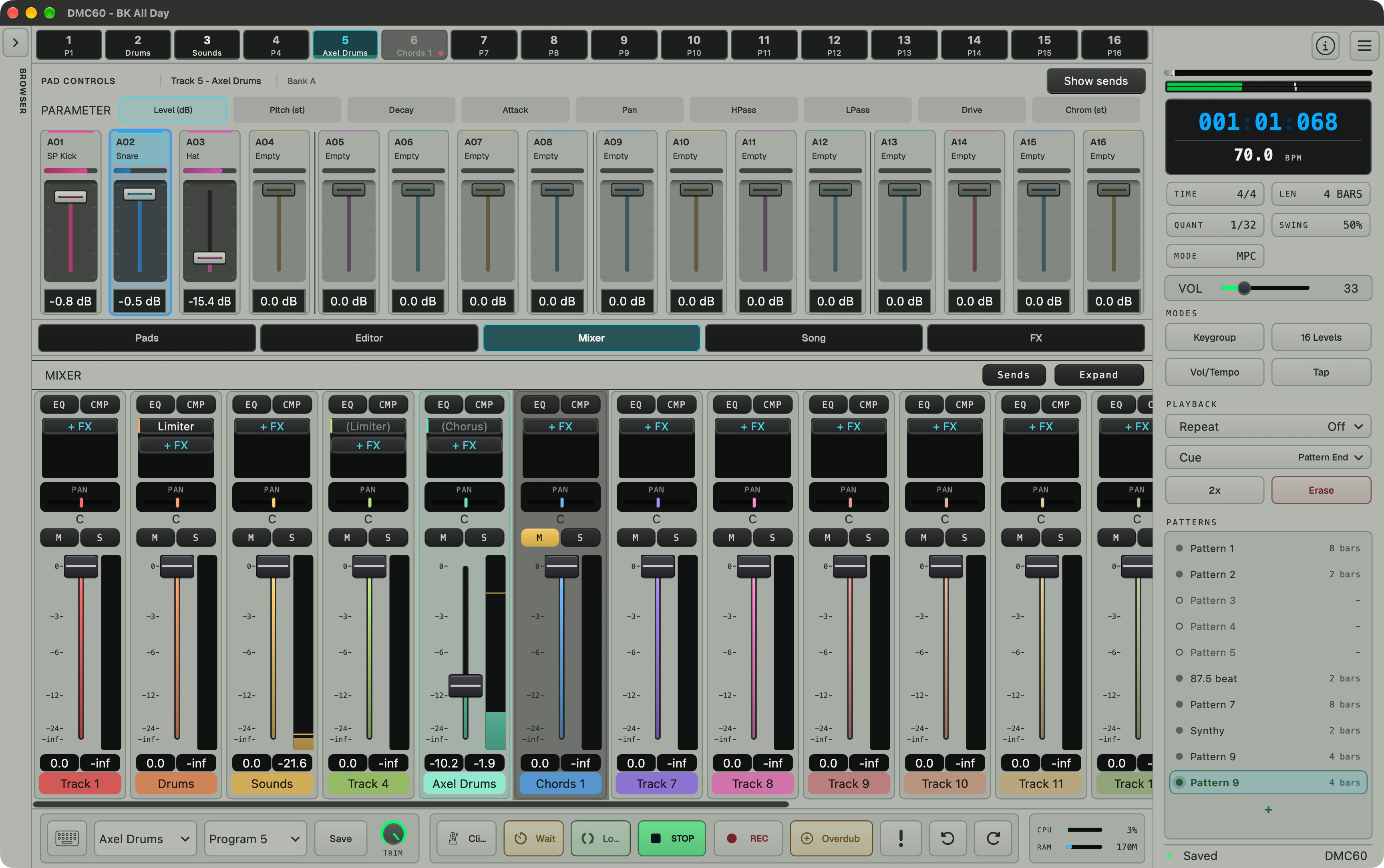DMC60 mixer with track faders, pan controls, EQ, compression, and insert effects