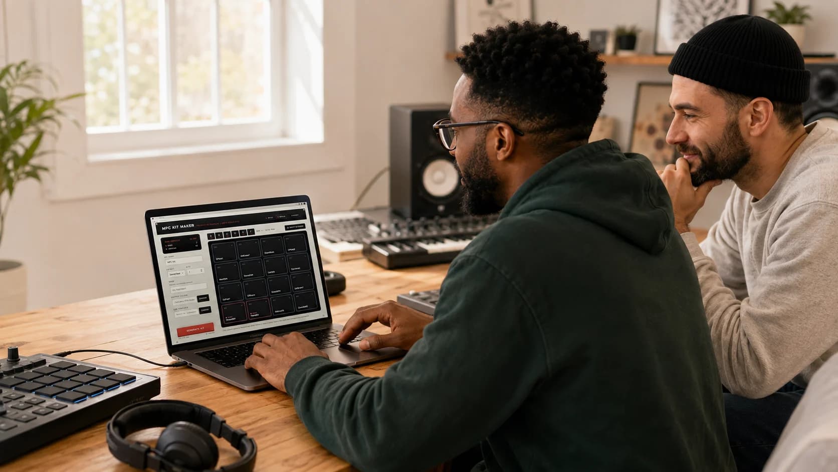 Two producers building a drum kit in MPC Kit Maker on a laptop in a home studio