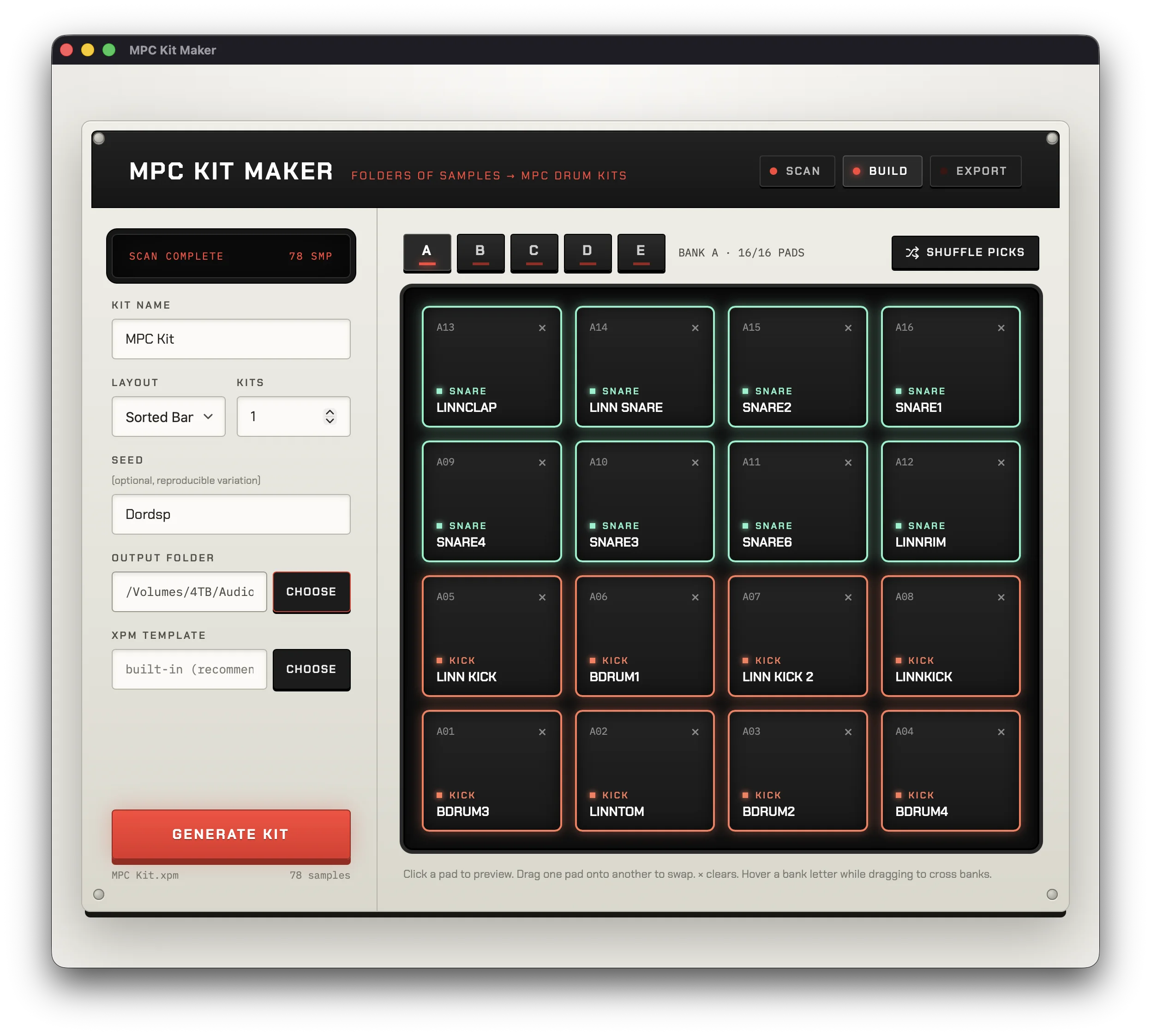 The MPC Kit Maker window: scan readout, kit options, Seed field, and a 4x4 pad grid with color-coded pads