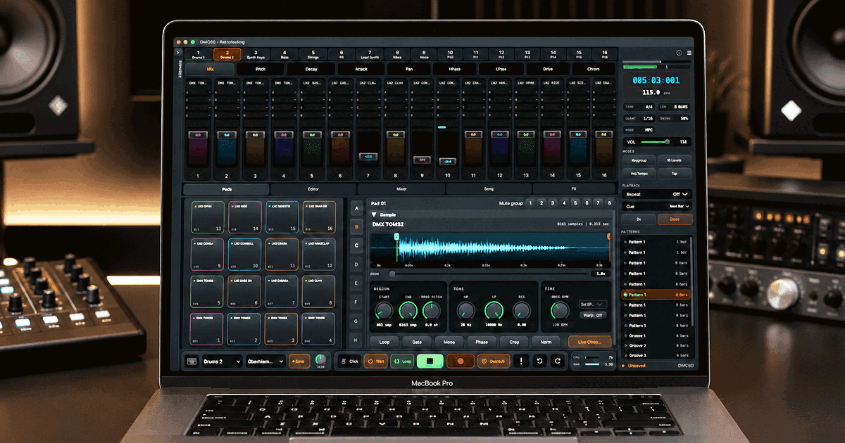 The DMC60 drum machine and sampler plugin interface with its 16-pad grid