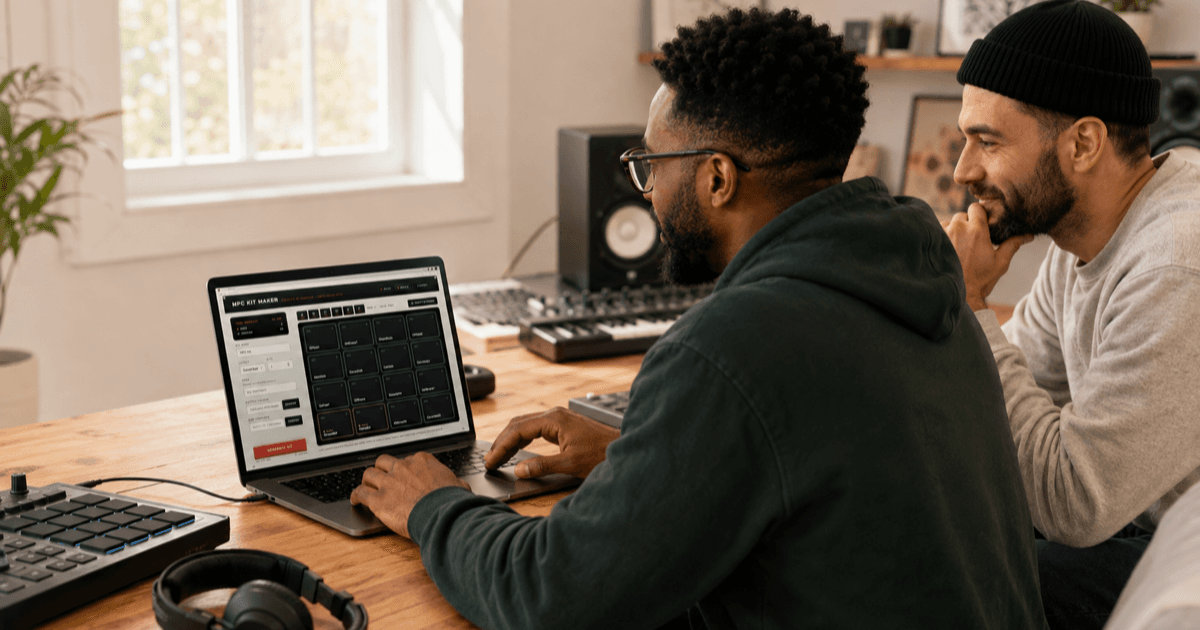 MPC Kit Maker on a laptop, with a folder of samples turned into a color-coded pad grid