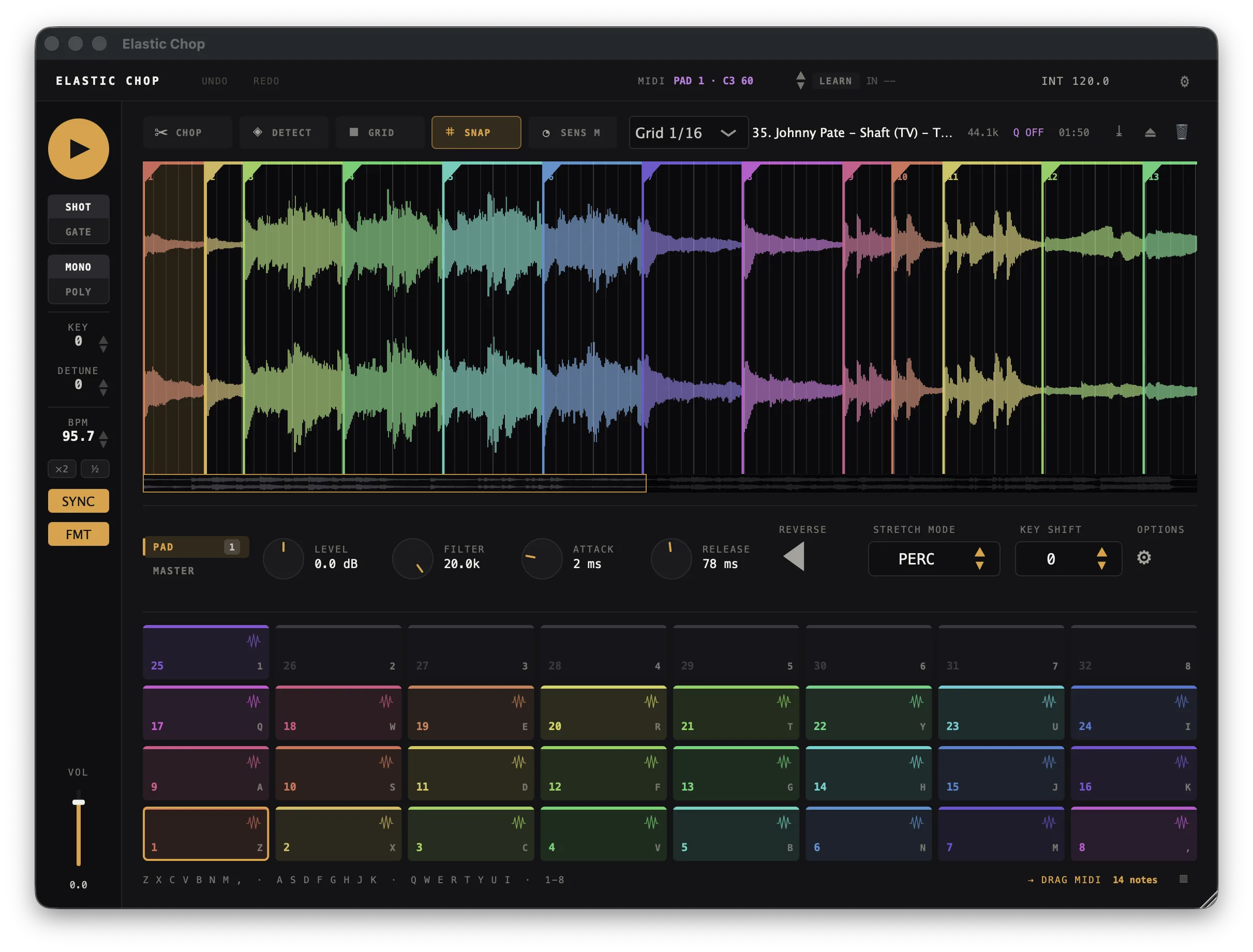 The Elastic Chop window: transport rail, waveform with chop markers, per-pad knob row, and a 32-pad grid