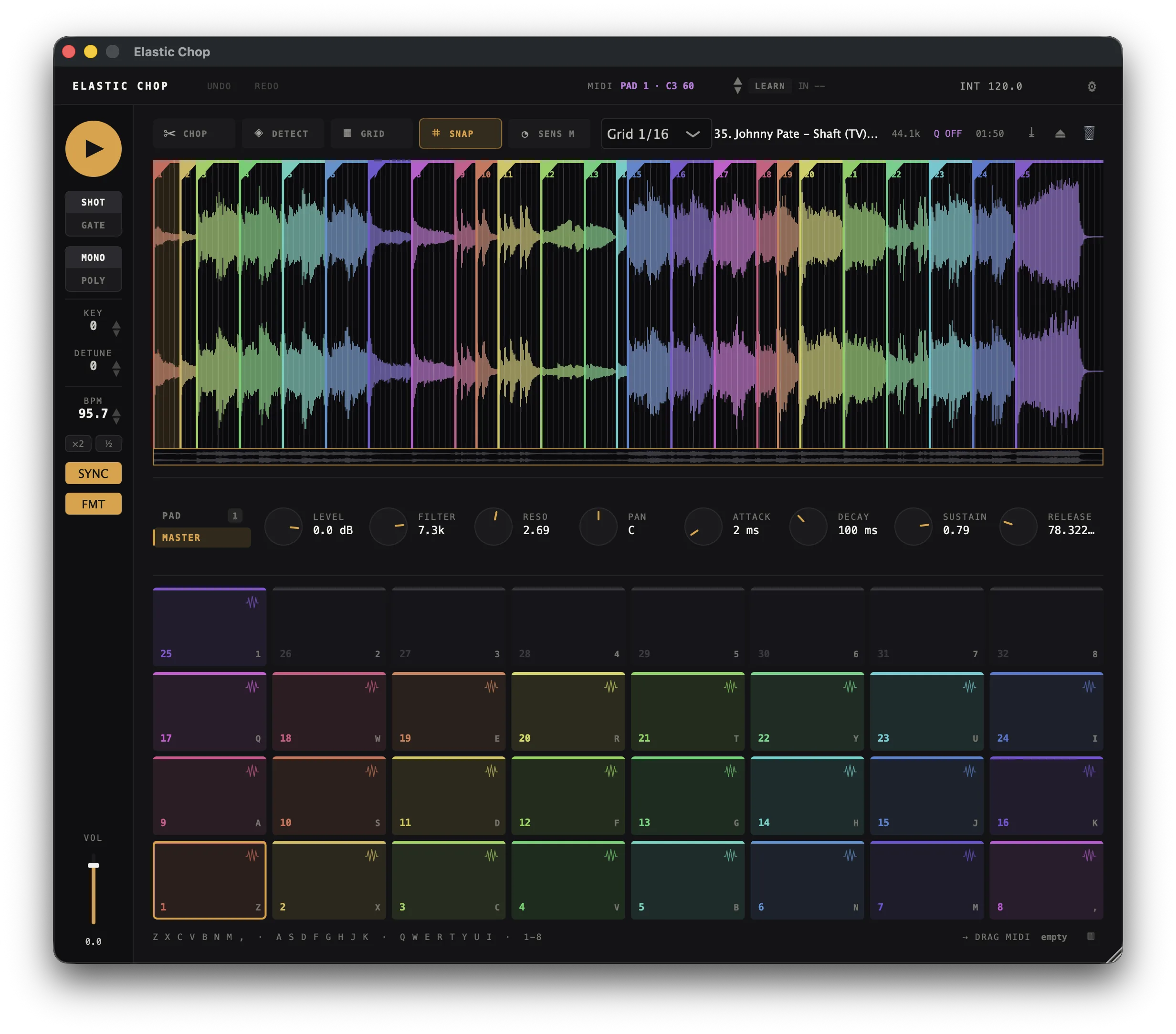 The MASTER tab open, showing the global level, filter, resonance, pan and envelope knobs above the pad grid