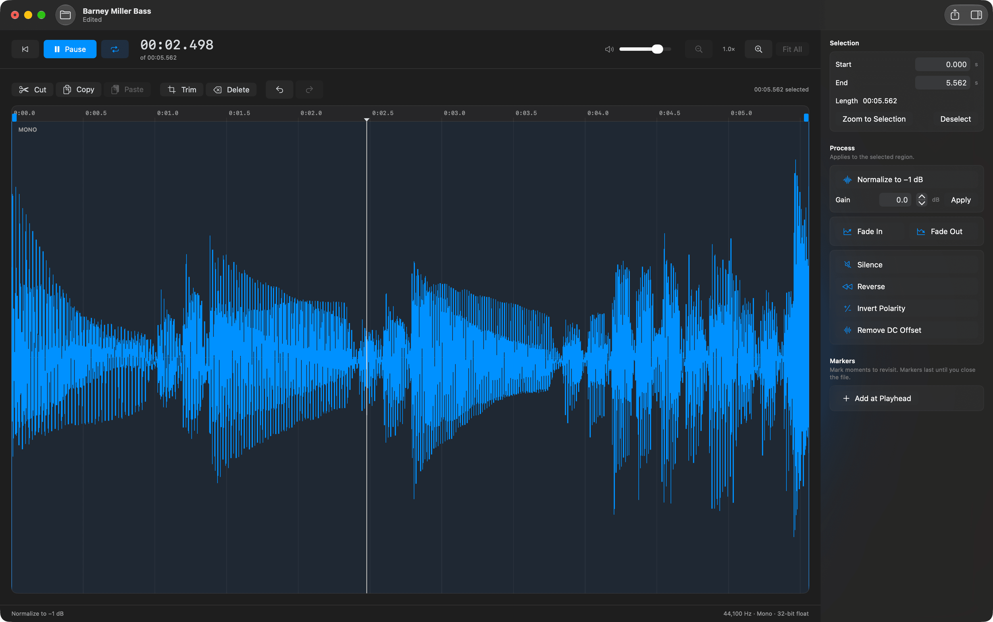 Simple Edit interface with a waveform, transport controls and the process inspector