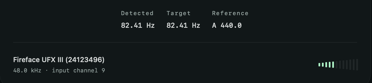 Strobe Tuner showing detected and target pitch of 82.41 Hz, reference A 440.0, and an audio interface on input channel 9 at 48 kHz with a level meter