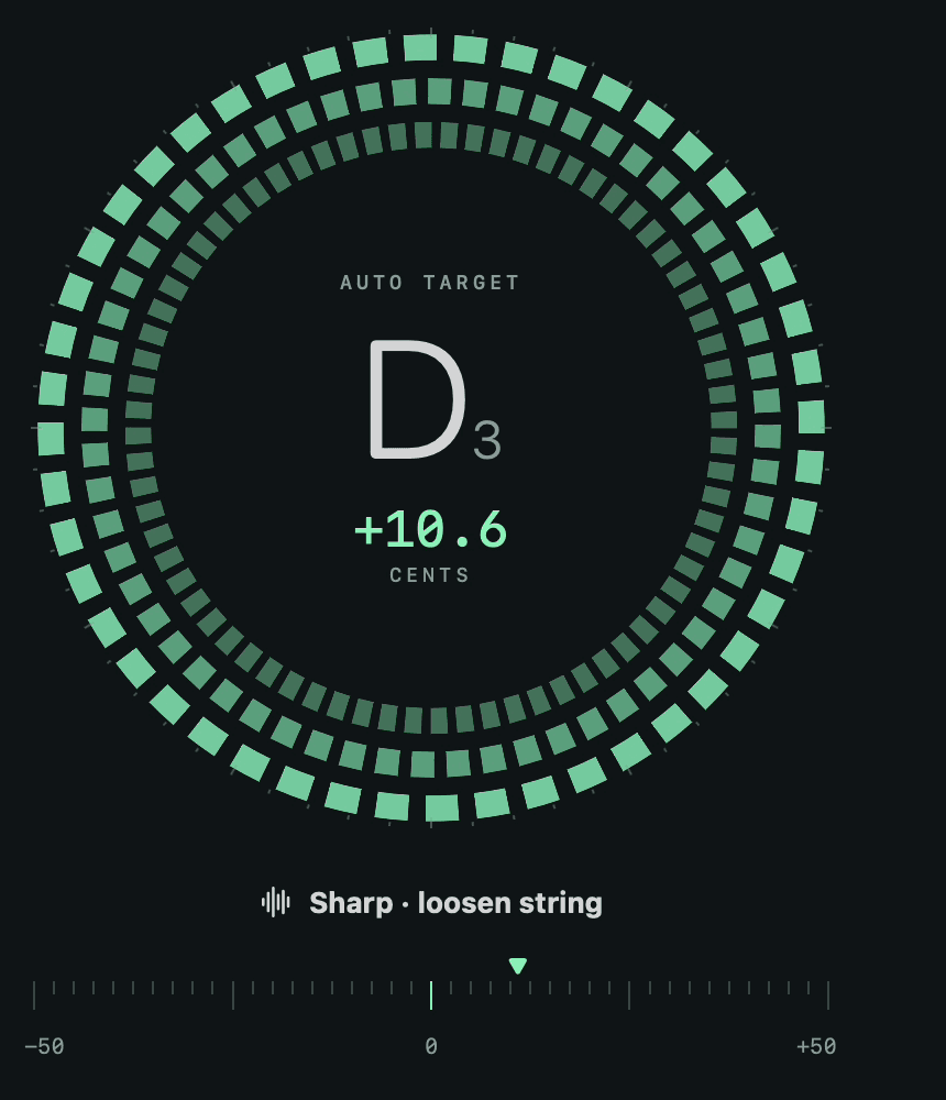 Strobe Tuner reading D3 at 10.6 cents sharp, with the marker right of centre and the message Sharp, loosen string